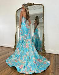 Elegant Long Mermaid Blue Strapless Floral Prom Dress