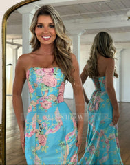 Elegant Long Mermaid Blue Strapless Floral Prom Dress