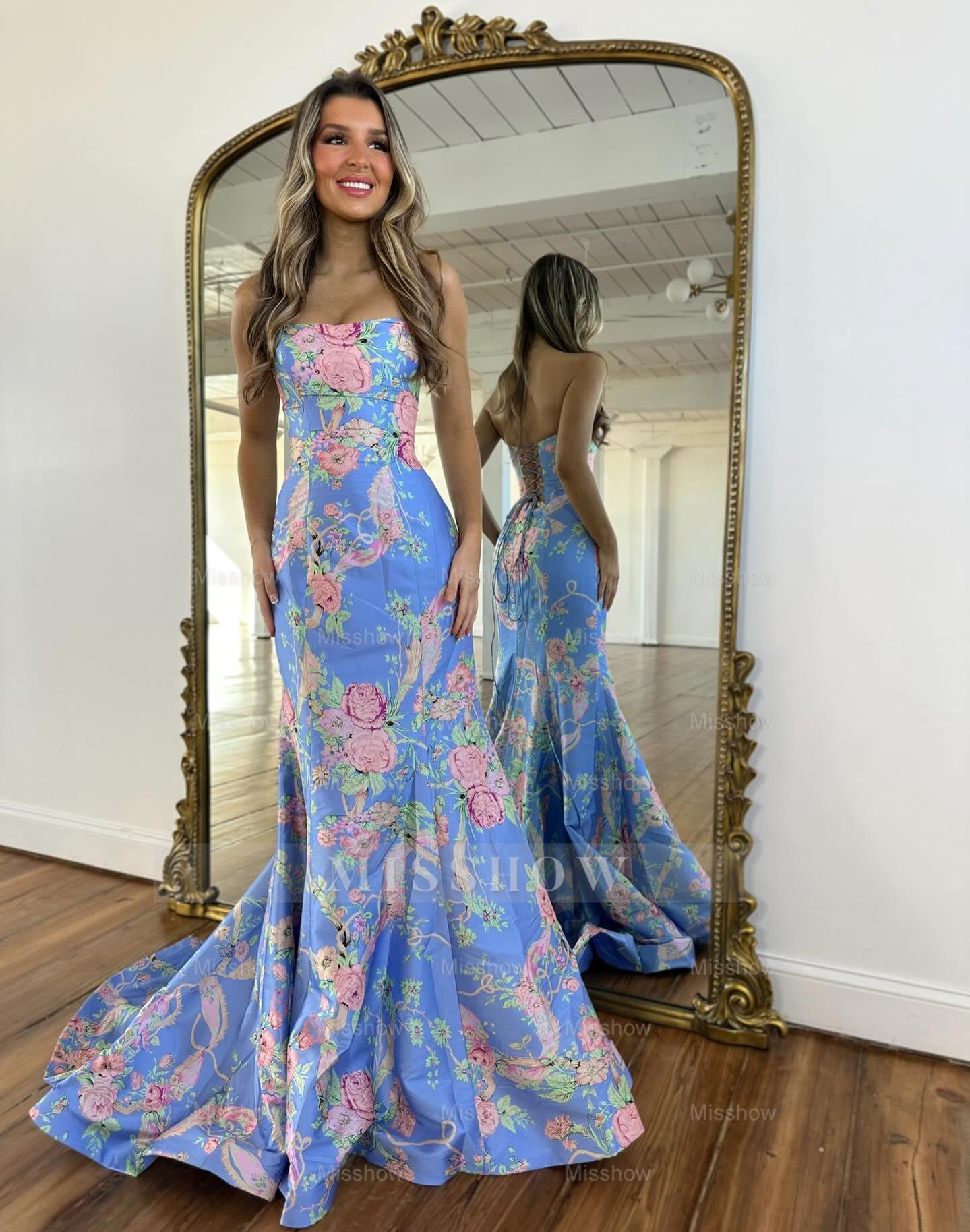 Elegant Long Mermaid Blue Strapless Floral Prom Dress