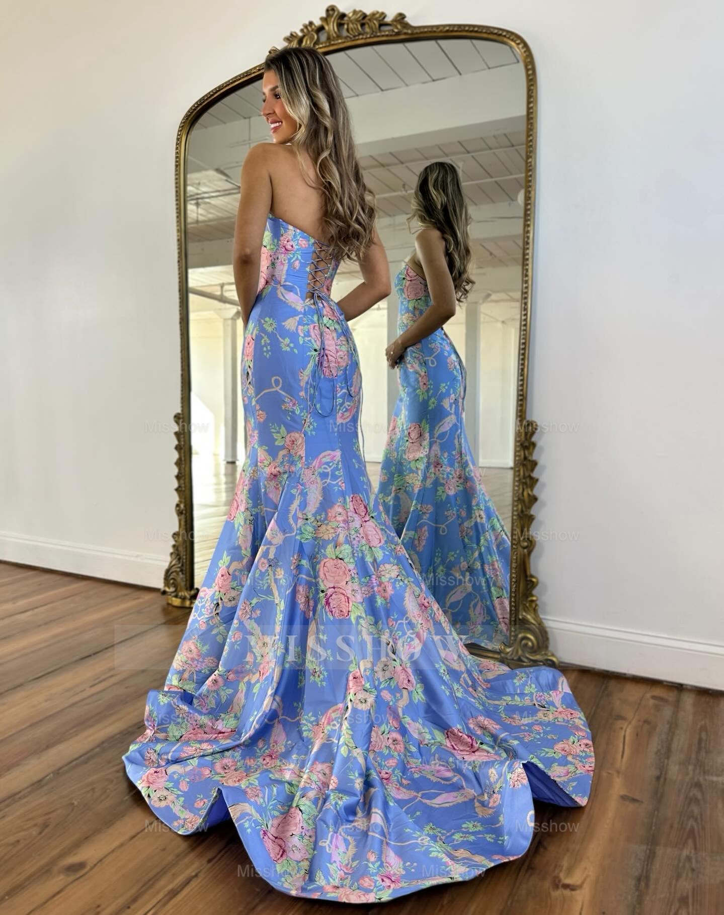 Elegant Long Mermaid Blue Strapless Floral Prom Dress