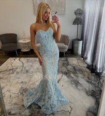 Elegant Long Mermaid Blue Strapless Sweetheart Prom Dress with Lace