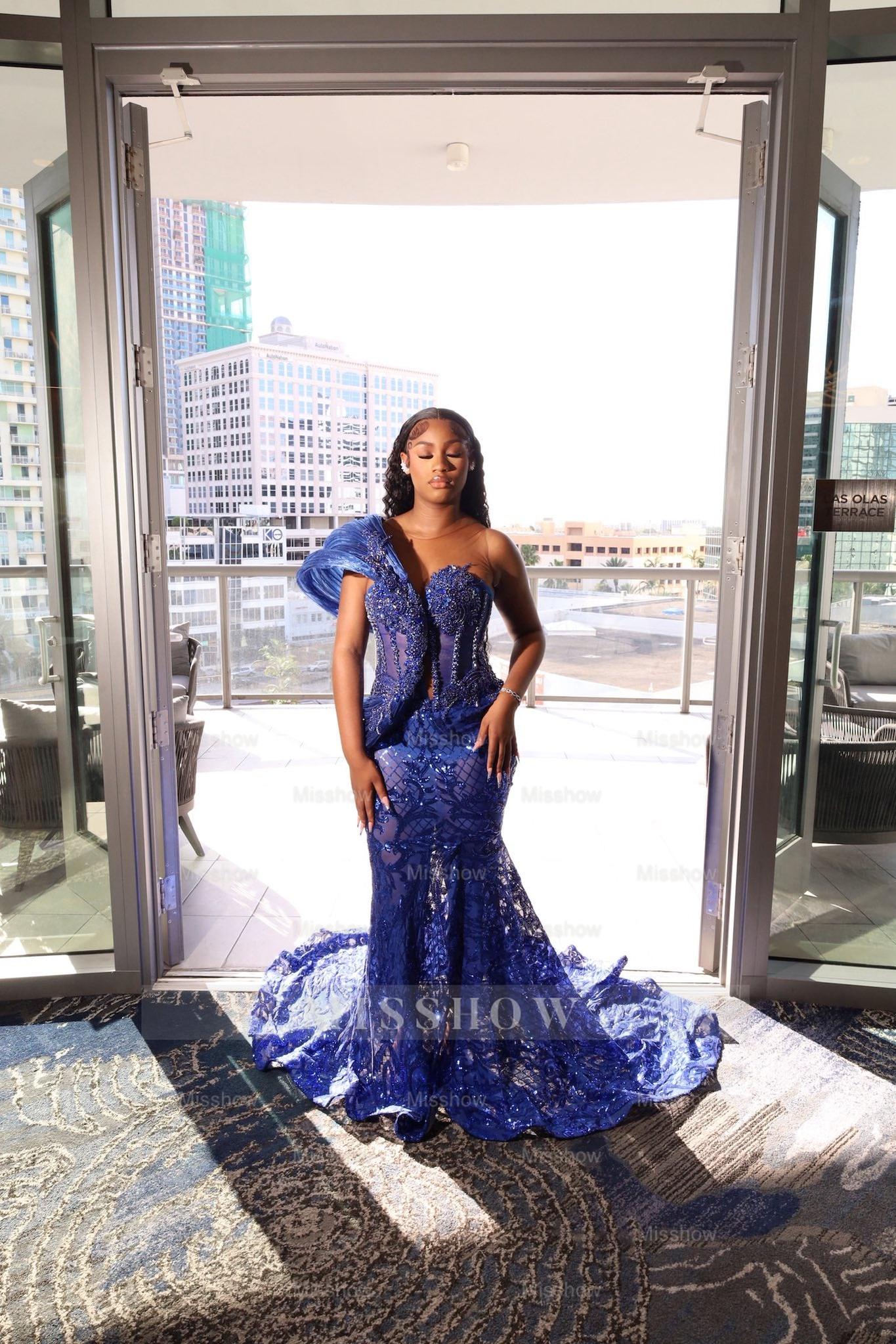 Elegant Long Mermaid Royal Blue One Shoulder Sleeveless Sequined Prom Dress with Lace Elegant Long Mermaid Royal Blue One Shoulder Sleeveless Sequined Prom Dress with Lace
