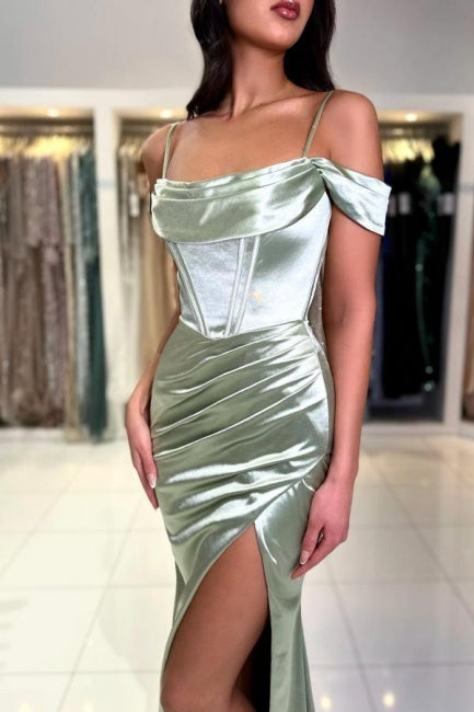 Elegant Long Mermaid Simple Spaghetti Straps Off-the-shoulder Satin Prom Evening Dresses With Slit