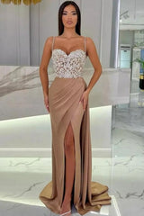 Elegant Long Mermaid Spaghetti Straps Sweetheart Glitter Prom Evening Dresses With Slit