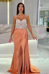 Elegant Long Mermaid Spaghetti Straps Sweetheart Glitter Prom Evening Dresses With Slit