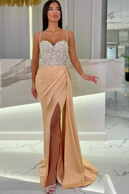 Elegant Long Mermaid Spaghetti Straps Sweetheart Glitter Prom Evening Dresses With Slit