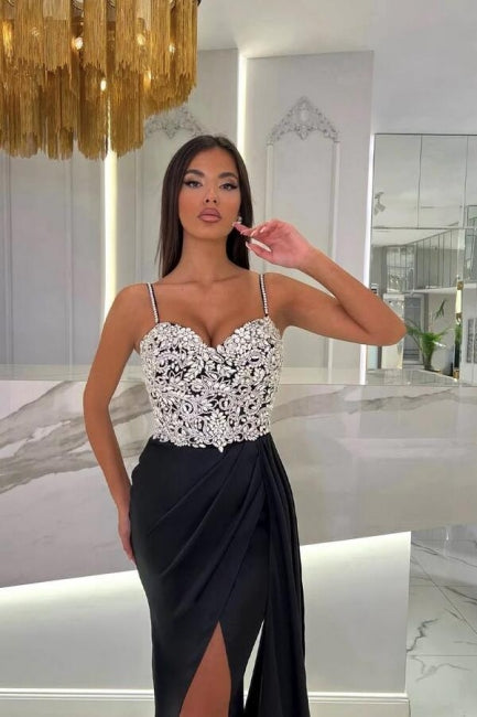 Elegant Long Mermaid Spaghetti Straps Sweetheart Glitter Prom Evening Dresses With Slit