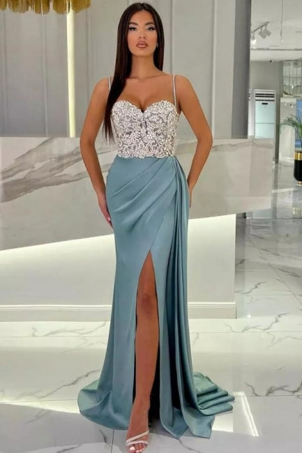 Elegant Long Mermaid Spaghetti Straps Sweetheart Glitter Prom Evening Dresses With Slit