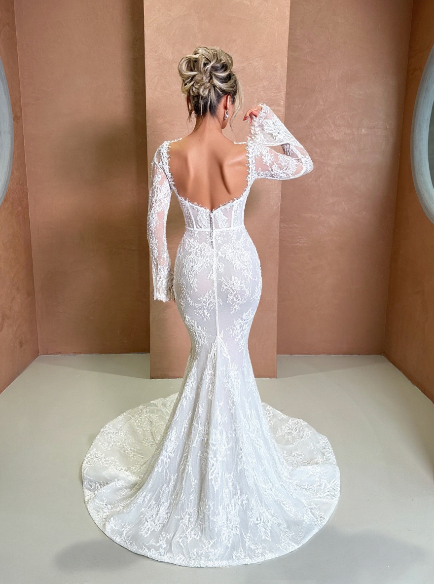 Elegant Long Mermaid White Long Sleeves Wedding Dresses with Lace