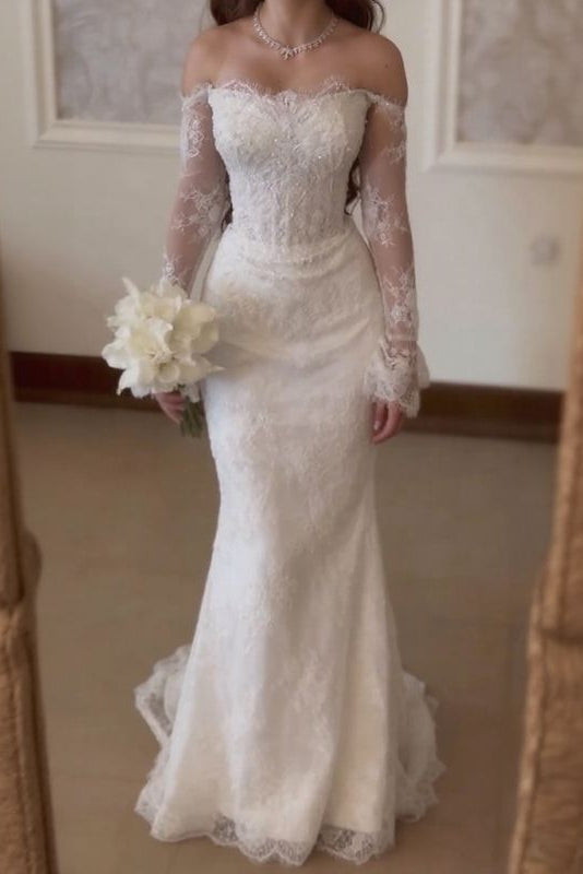 Elegant Long Mermaid Wite Off-the-shoulder Lace Wedding Dress with Long Sleeves