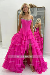 Elegant Long Navy A-line Strapless Beaded Prom Dress with Slit