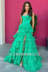 Elegant Long Navy A-line Strapless Beaded Prom Dress with Slit