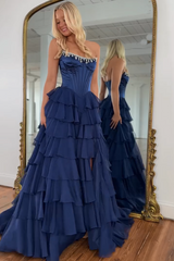 Elegant Long Navy A-line Strapless Beaded Prom Dress with Slit