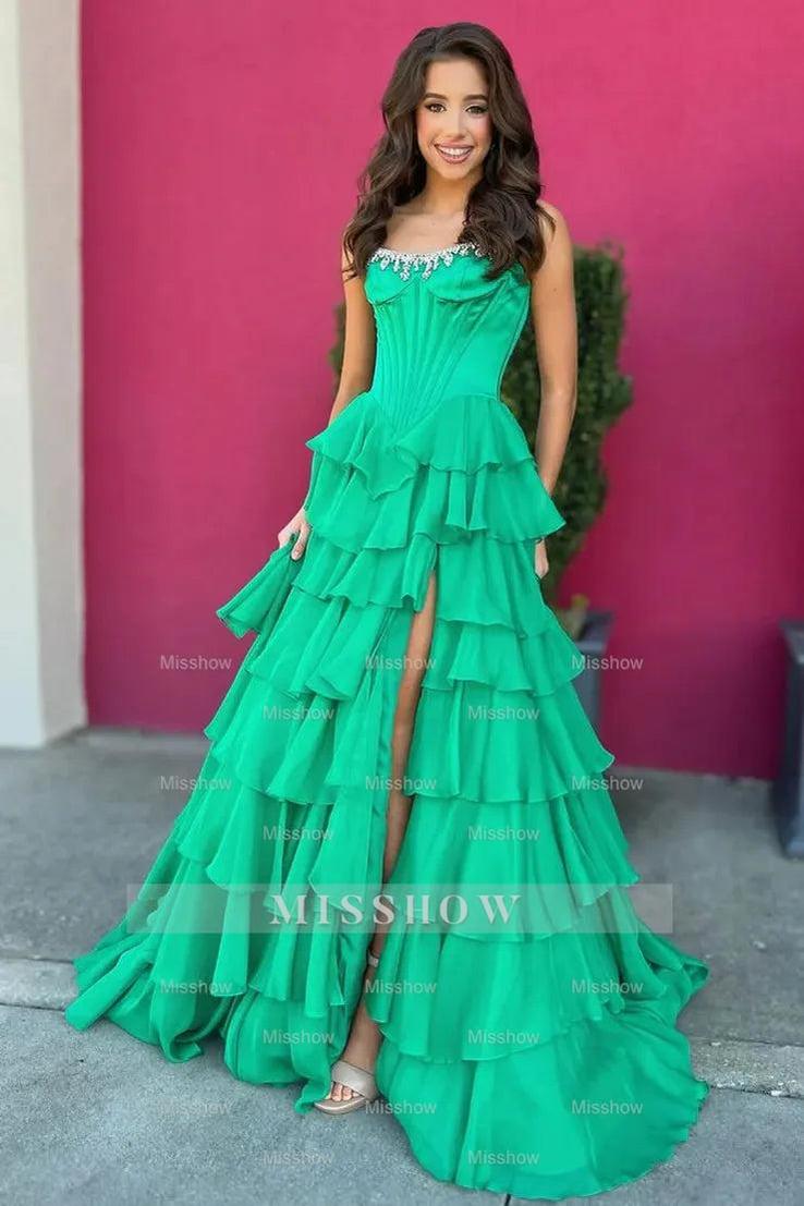 Emerald sweetheart split-front A-line prom dress