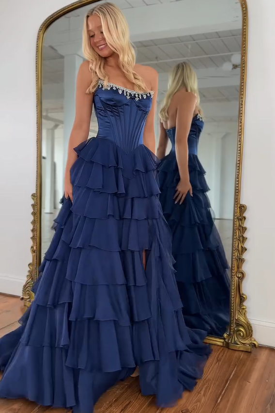 Dark navy sweetheart split-front A-line prom dress