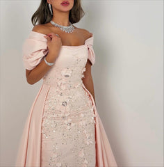 Elegant Long Pink A-line Off-the-shoulder Glitter Appliques Prom Dress with Detachable Train