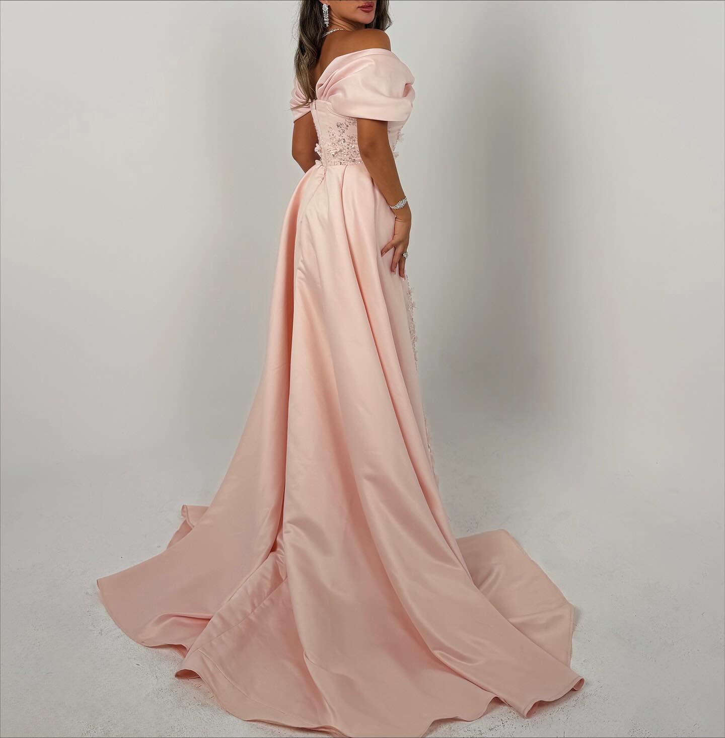 Elegant Long Pink A-line Off-the-shoulder Glitter Appliques Prom Dress with Detachable Train