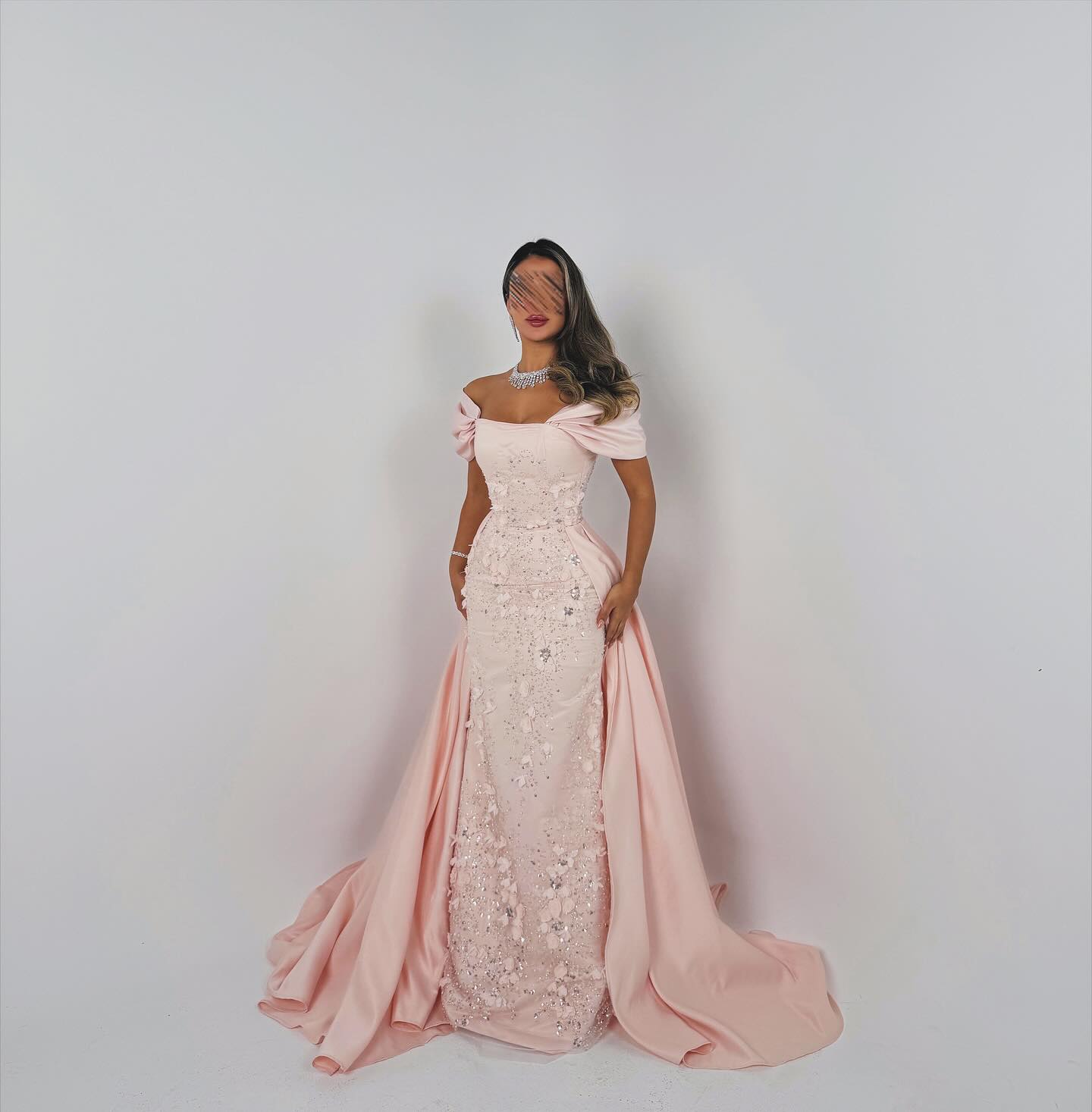 Elegant Long Pink A-line Off-the-shoulder Glitter Appliques Prom Dress with Detachable Train