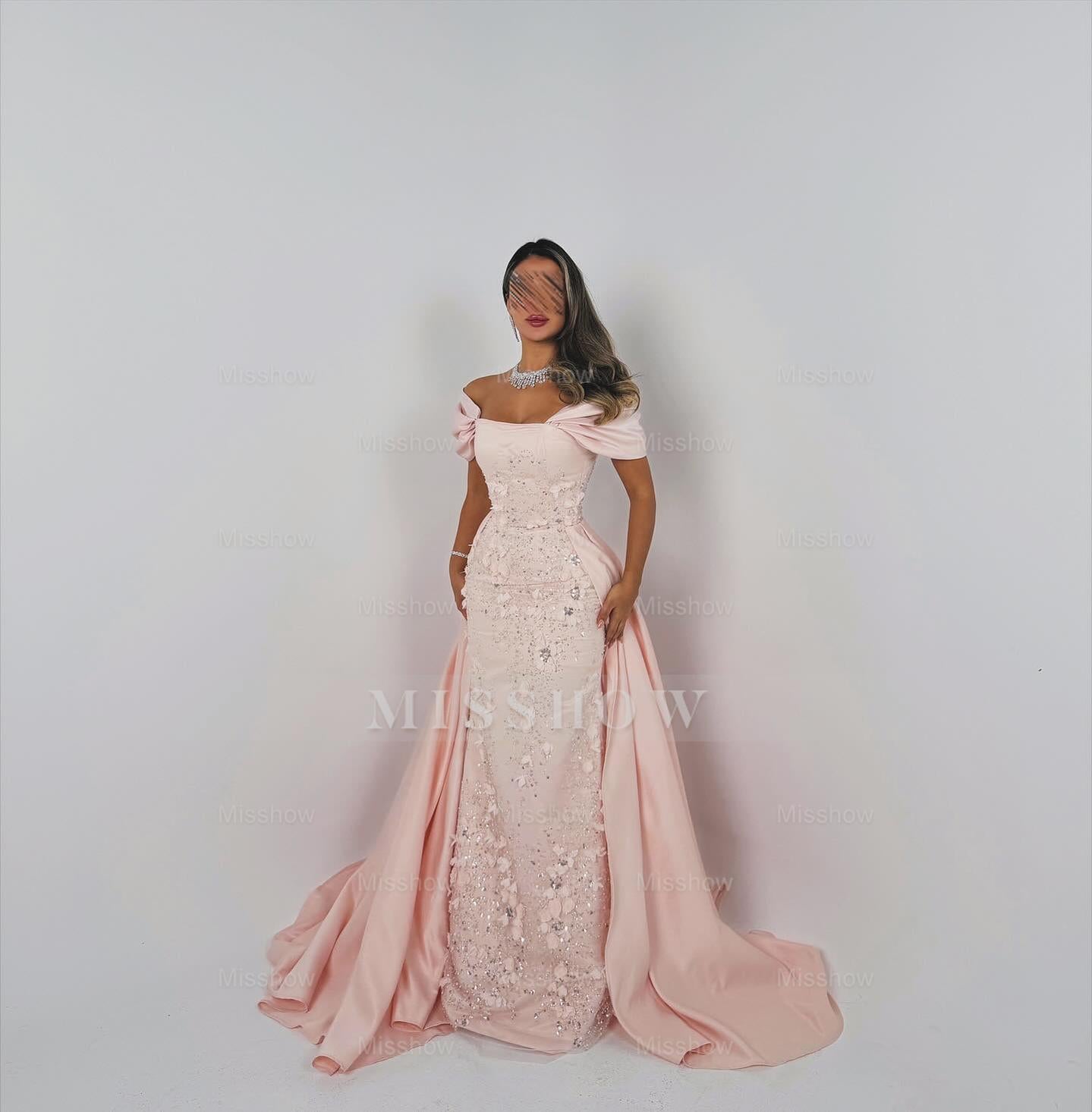 Elegant Long Pink A-line Off-the-shoulder Glitter Appliques Prom Dress misshow.com Elegant Long Pink A-line Off-the-shoulder Glitter Appliques Prom Dress misshow.com