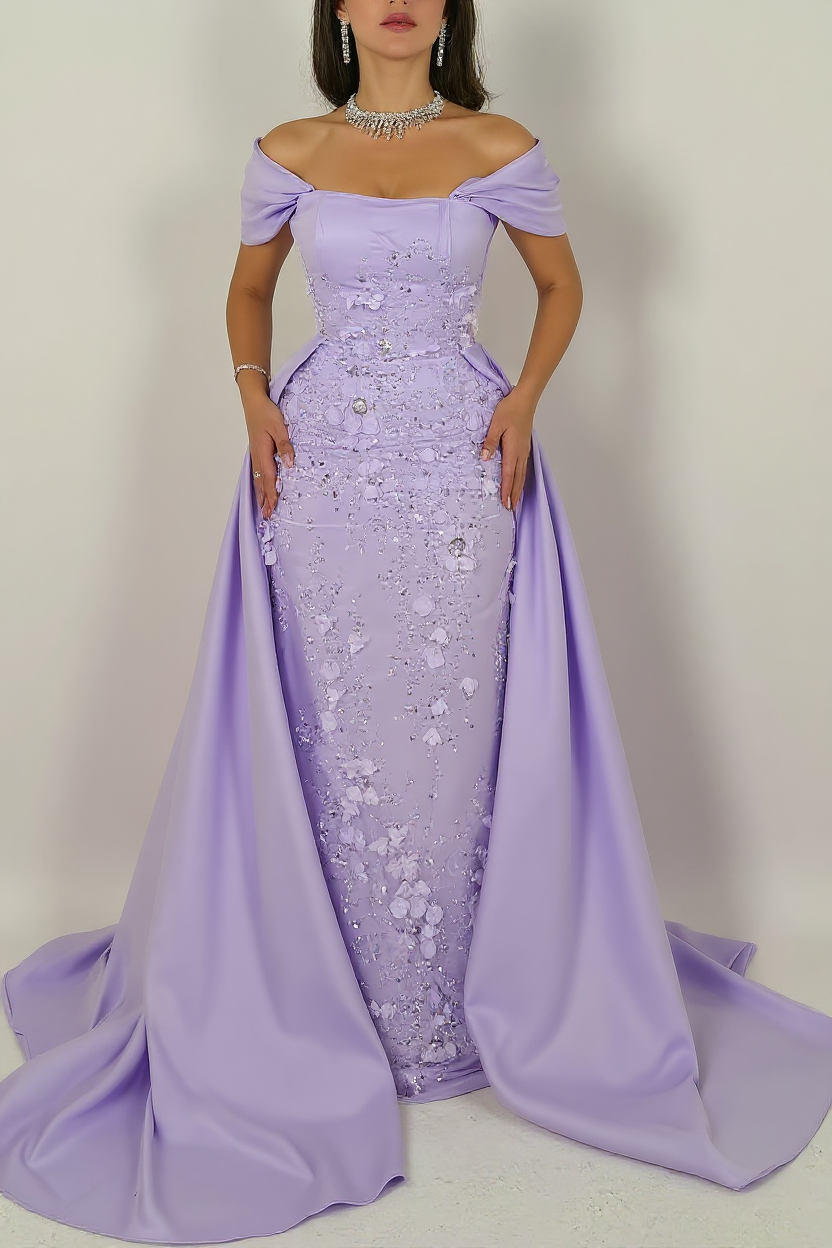 Elegant Long Pink A-line Off-the-shoulder Glitter Appliques Prom Dress with Detachable Train