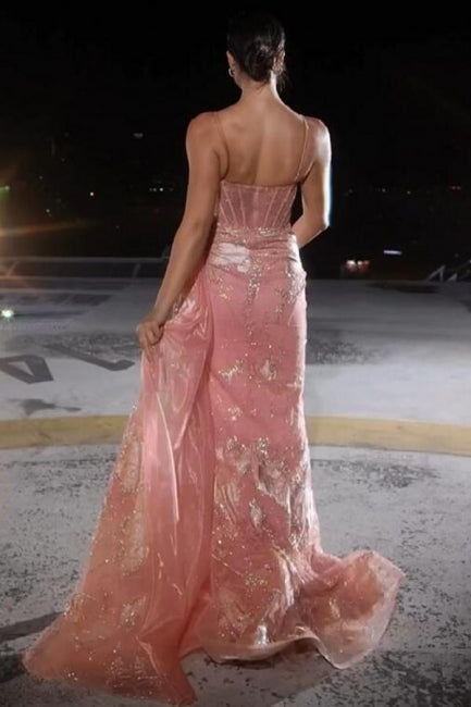 Elegant Long Pink Spaghetti Straps Sexy Lace Prom Evening Dresses With Slit
