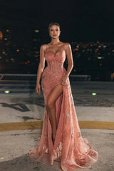 Elegant Long Pink Spaghetti Straps Sexy Lace Prom Evening Dresses With Slit