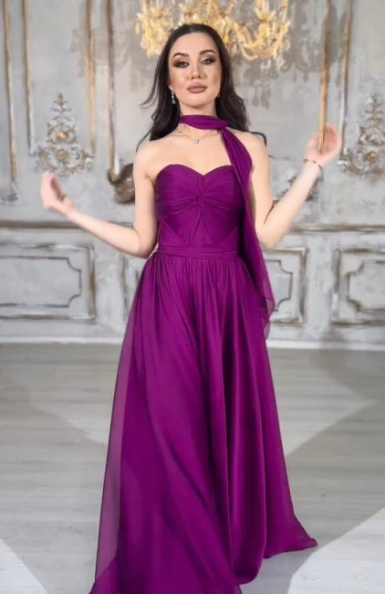 Elegant Long Purple A-line Strapless Laced-up Prom Evening Dresses