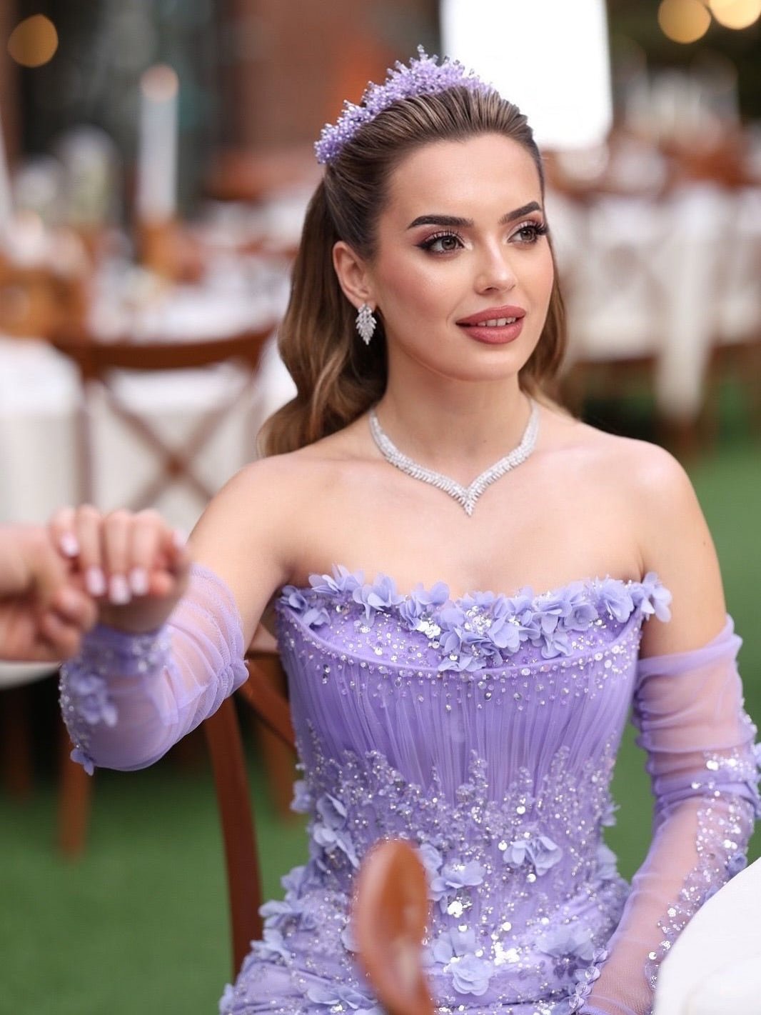 Elegant Long Purple Strapless Mermaid Flowers Evening Dress With Detachable Sleeves