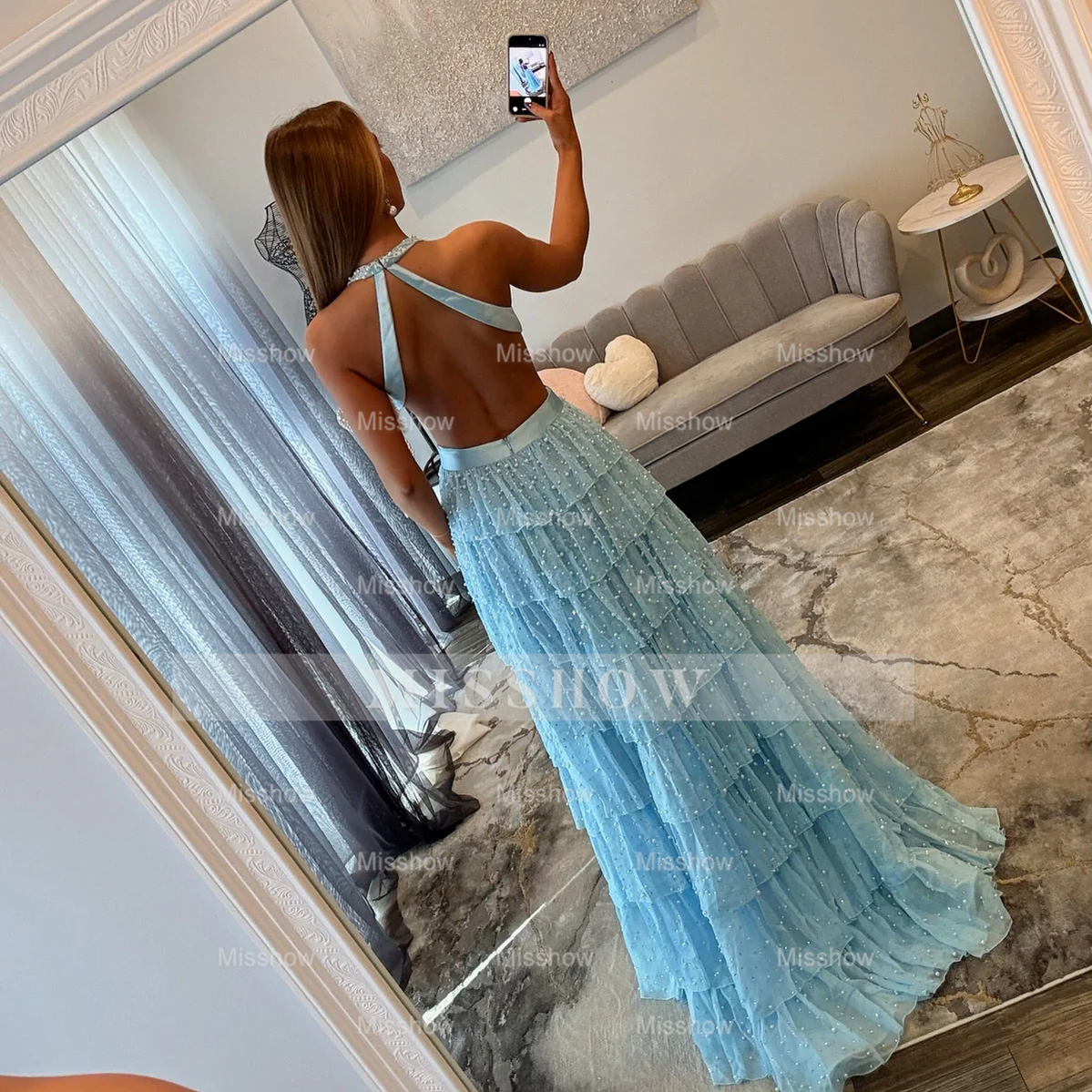 Elegant Long Sky Blue Halter A-line V-neck Prom Dress with Slit and Pearls