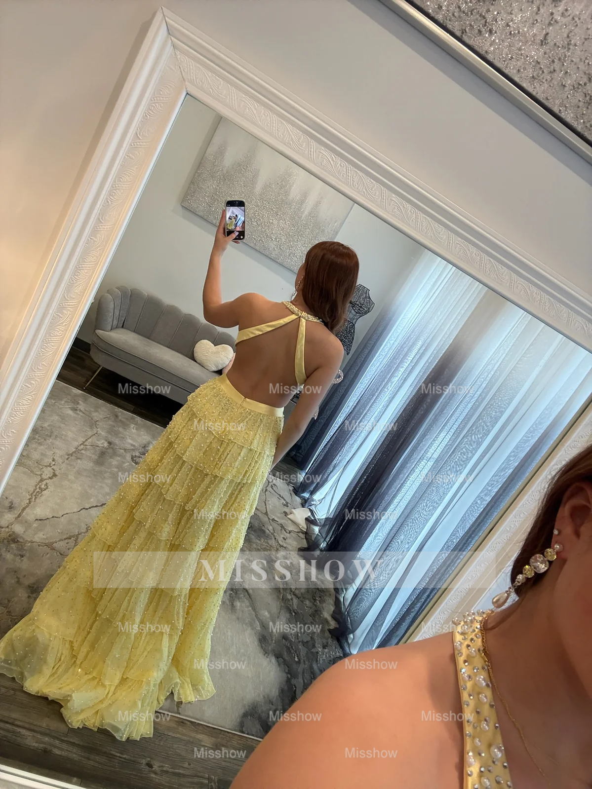 Elegant Long Sky Blue Halter A-line V-neck Prom Dress with Slit and Pearls