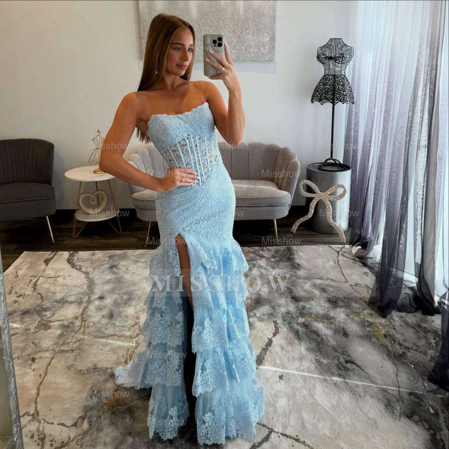 Elegant Long Sky Blue Strapless Lace Cake Prom Dress with Slit