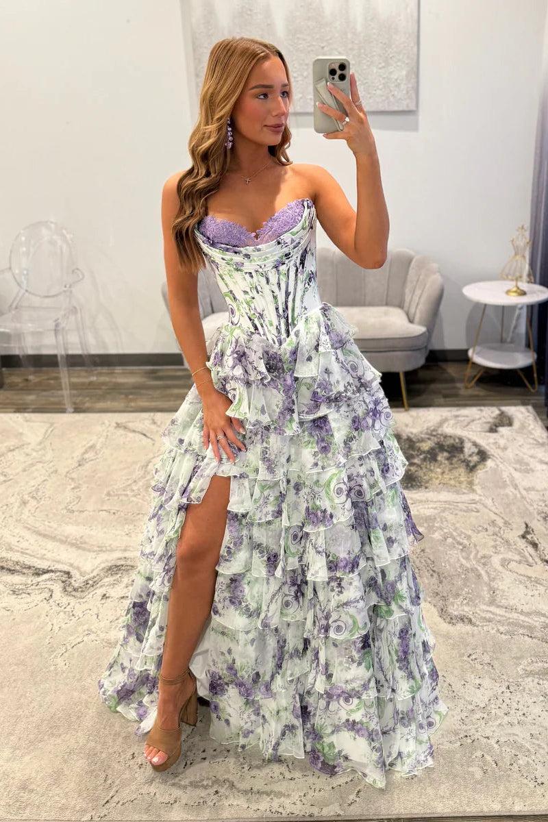 Elegant Long Sweetheart A-line Floral Prom Dress with Slit