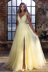 Elegant Long V-Neck Yellow A-line Sleeveless Prom Evening Dresses