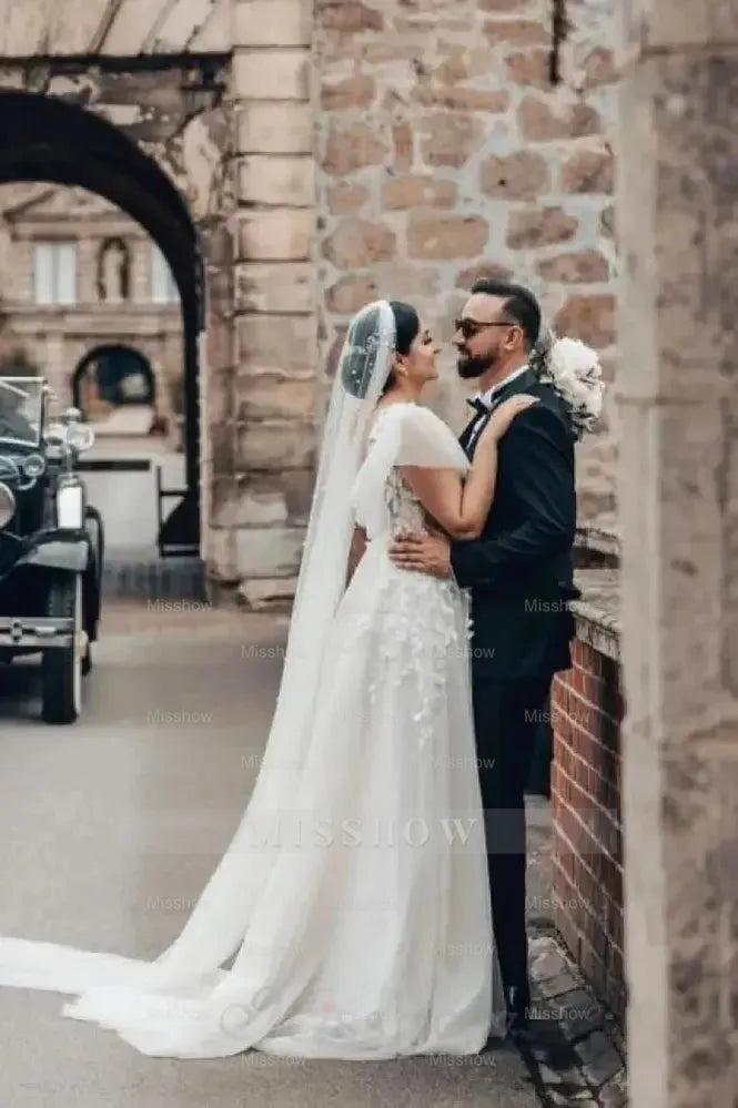 Elegant Long White A-line Square Neck Tulle Lace Wedding Dress with Short Sleeves