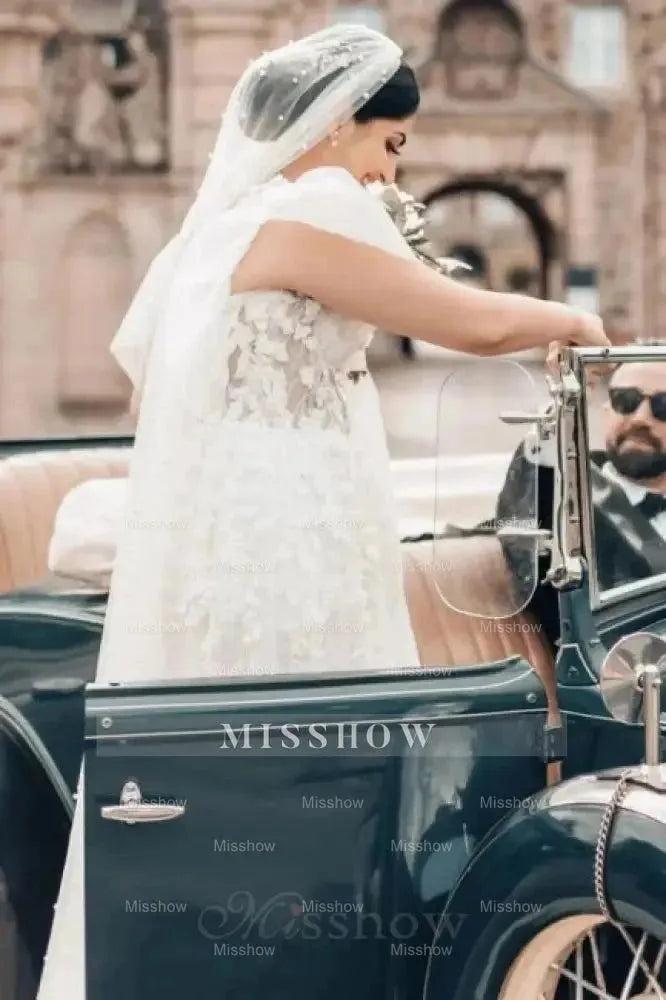 Elegant Long White A-line Square Neck Tulle Lace Wedding Dress with Short Sleeves