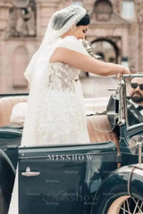 Elegant Long White A-line Square Neck Tulle Lace Wedding Dress with Short Sleeves