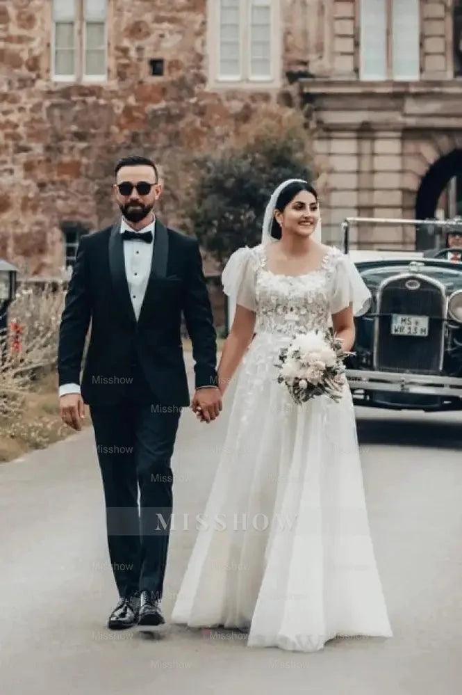 Elegant Long White A-line Square Neck Tulle Lace Wedding Dress with Short Sleeves