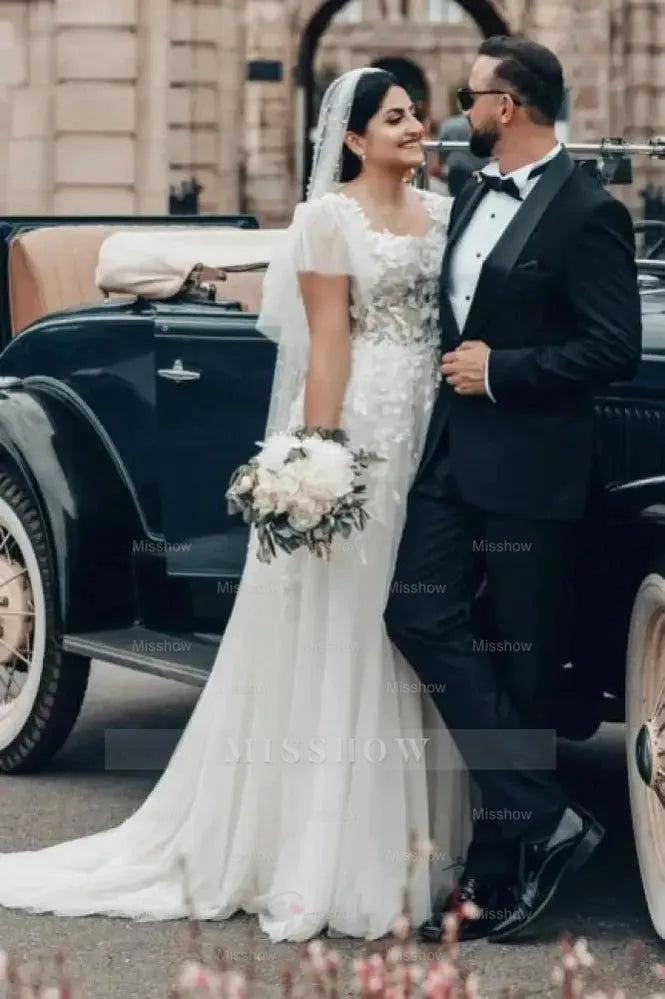 Elegant Long White A-line Square Neck Tulle Lace Wedding Dress with Short Sleeves