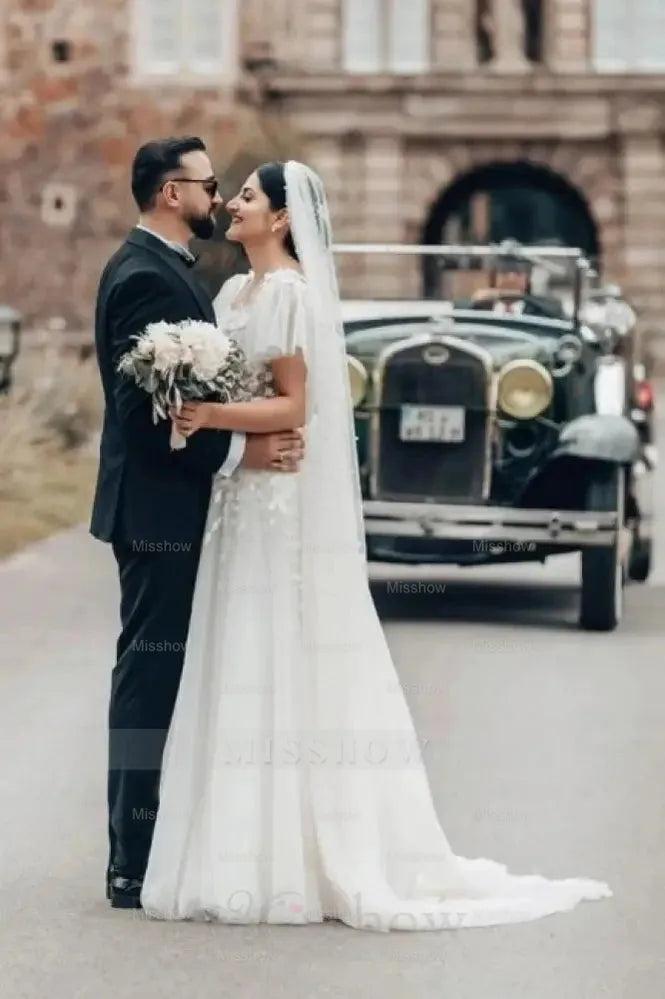 Elegant Long White A-line Square Neck Tulle Lace Wedding Dress with Short Sleeves