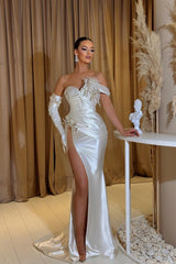 Elegant Long White Mermaid Glitter Sleeveless Prom Evening Dresses With Slit