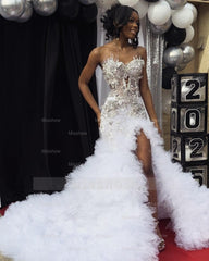 Elegant Long White Mermaid Strapless Beaded Prom Dress with Slit and Ruffles