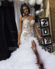 Elegant Long White Mermaid Strapless Beaded Prom Dress with Slit and Ruffles