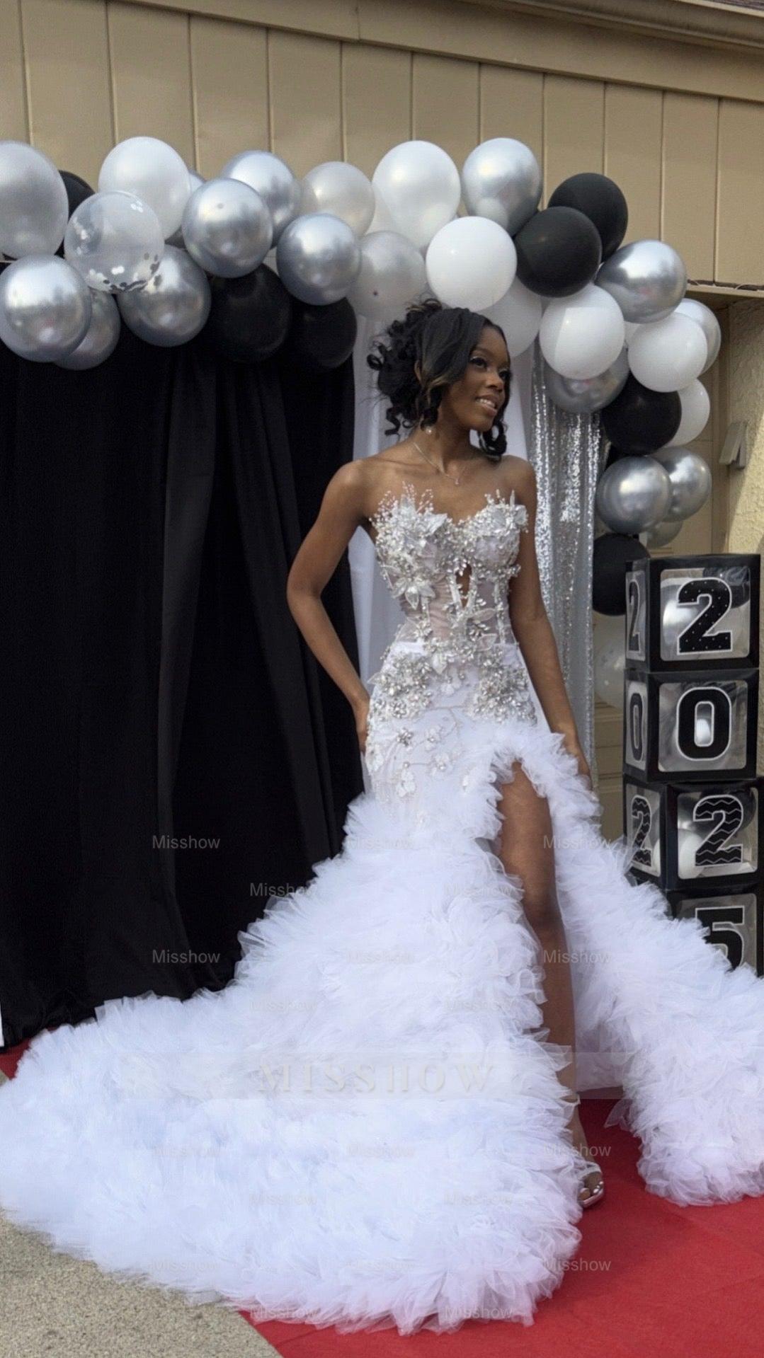 Elegant Long White Mermaid Strapless Beaded Prom Dress with Slit and Ruffles