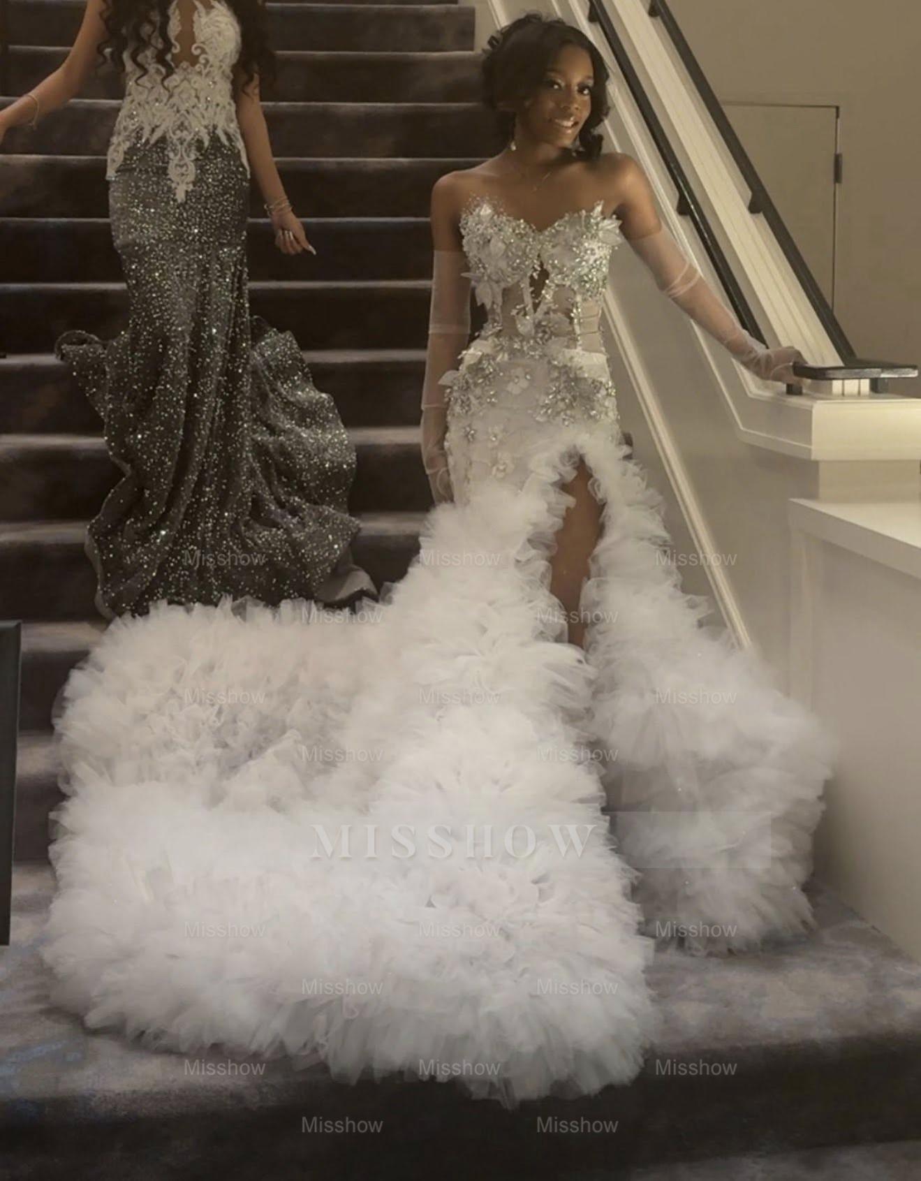 Elegant Long White Mermaid Strapless Beaded Prom Dress with Slit and R – misshow.com Elegant Long White Mermaid Strapless Beaded Prom Dress with Slit and R – misshow.com