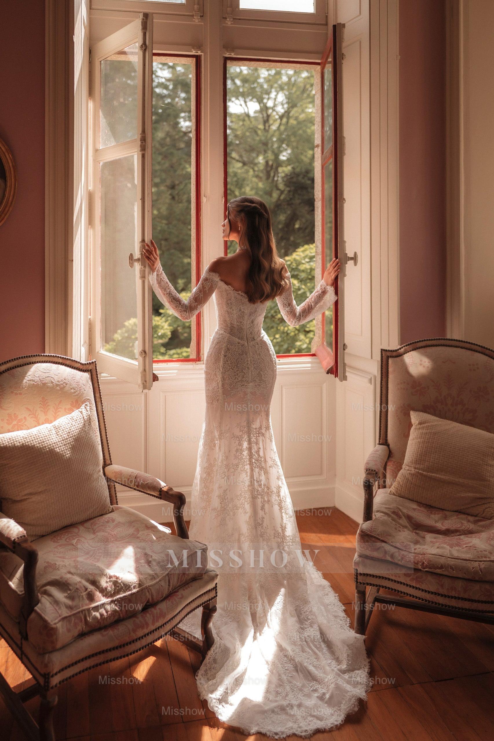 Elegant Long White Off-the-shoulder Mermaid Wedding Dress with Lace