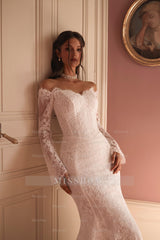 Elegant Long White Off-the-shoulder Mermaid Wedding Dress with Lace