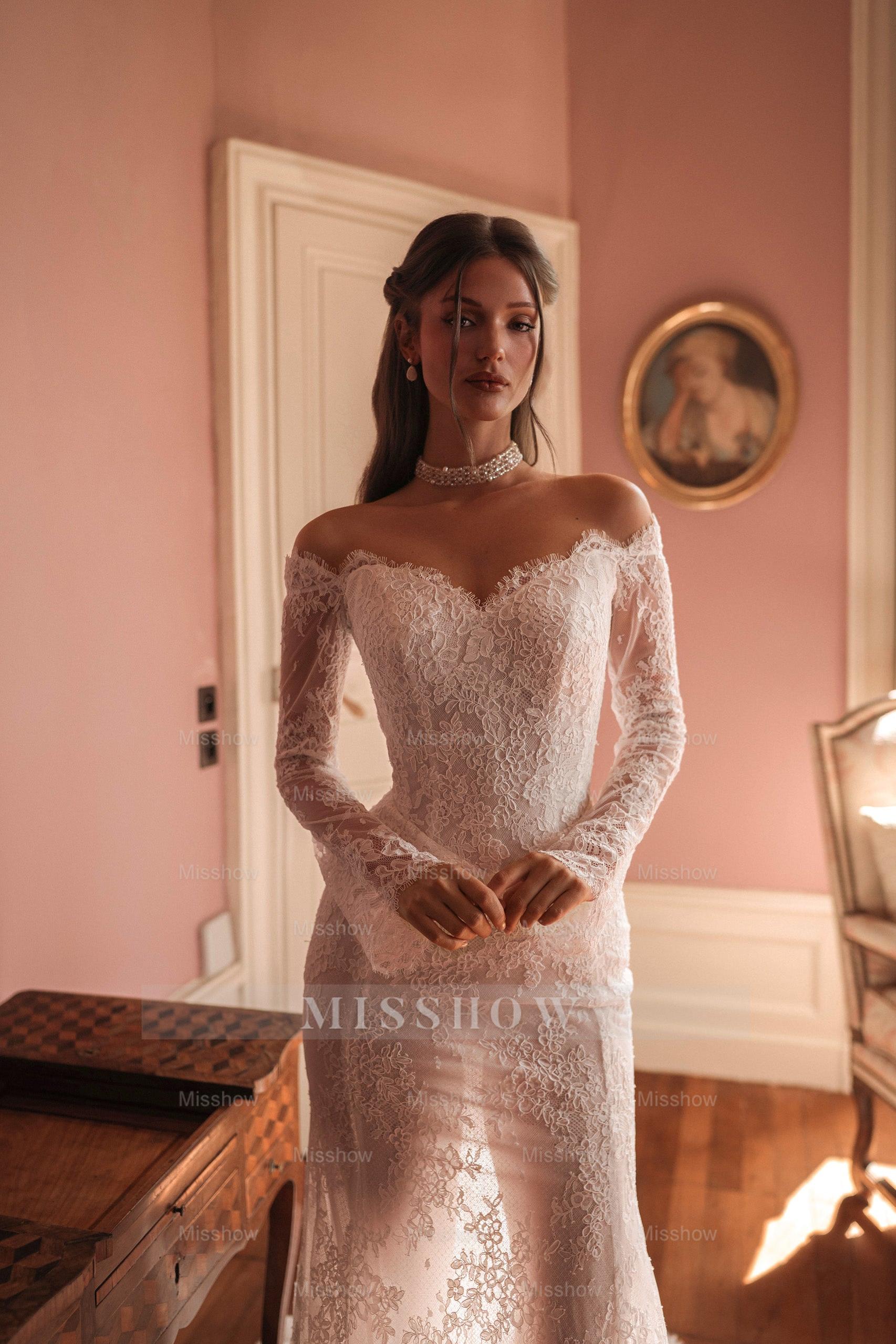 Elegant Long White Off-the-shoulder Mermaid Wedding Dress with Lace