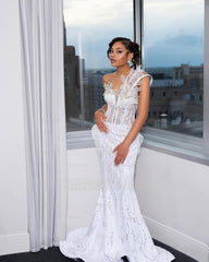 Elegant Long White One-Shoulder Sleeveless Mermaid Prom Dress with Sequins and Beadings