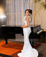 Elegant Long White One-Shoulder Sleeveless Mermaid Prom Dress with Sequins and Beadings