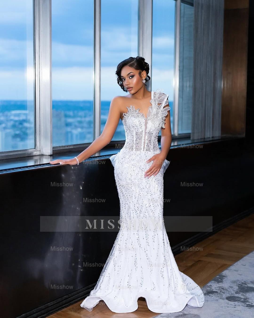 Elegant Long White One-Shoulder Sleeveless Mermaid Prom Dress with Sequins and Beadings